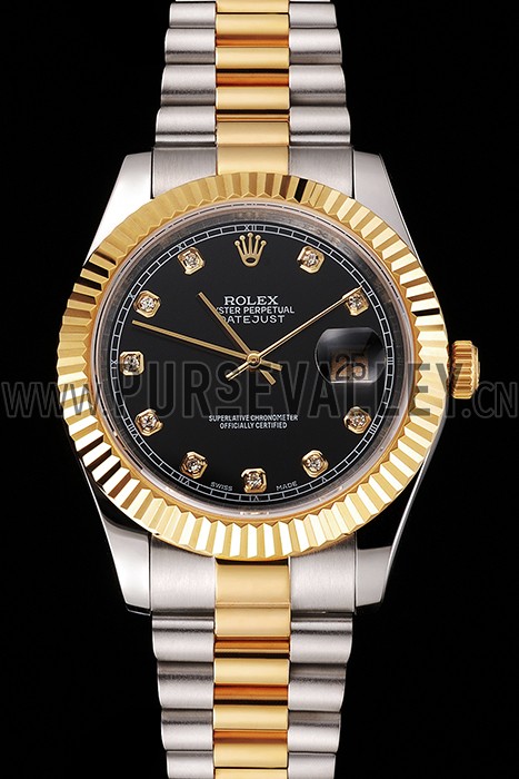 Swiss Rolex Datejust Black Dial Stainless Steel Case Gold Bezel Two Tone Bracelet