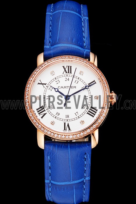 Cartier Ronde White Dial Diamond Bezel Rose Gold Case Blue Leather Strap