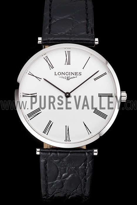 Swiss Longines Grande Classique White Dial Roman Numerals Stainless Steel Case Black Leather Strap