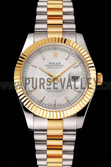Swiss Rolex Datejust White Dial Gold Bezel Stainless Steel Case Two Tone Gold Bracelet