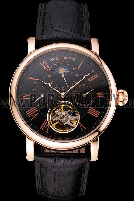 Patek Philippe Grand Complications Moonphase Perpetual Calendar Tourbillon Black Dial Rose Gold Case Black Leather Strap