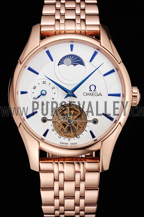 Omega De Ville Moonphase Tourbillon White Dial Blue Hands Rose Gold Case And Bracelet