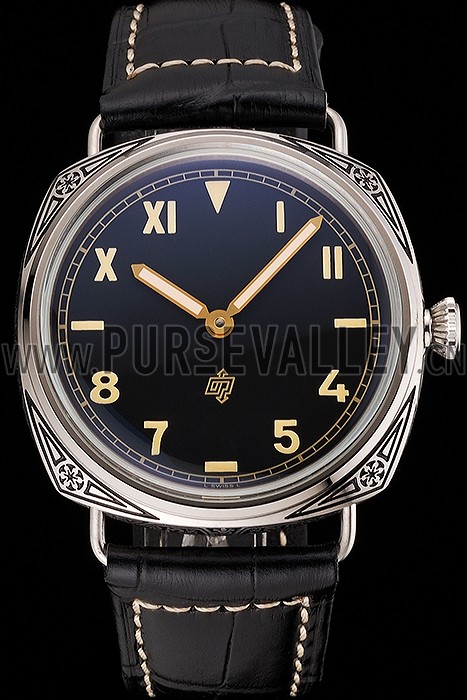 Panerai Radiomir Firenze PAM604 Black Dial Roman Numerals Engraved Stainless Steel Case Black Leather Strap