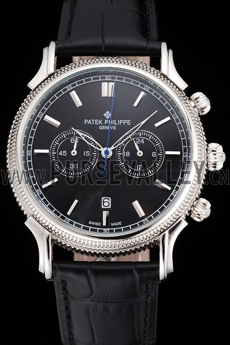 Patek Philippe Chronograph Black Dial Stainless Steel Case Black Leather Strap