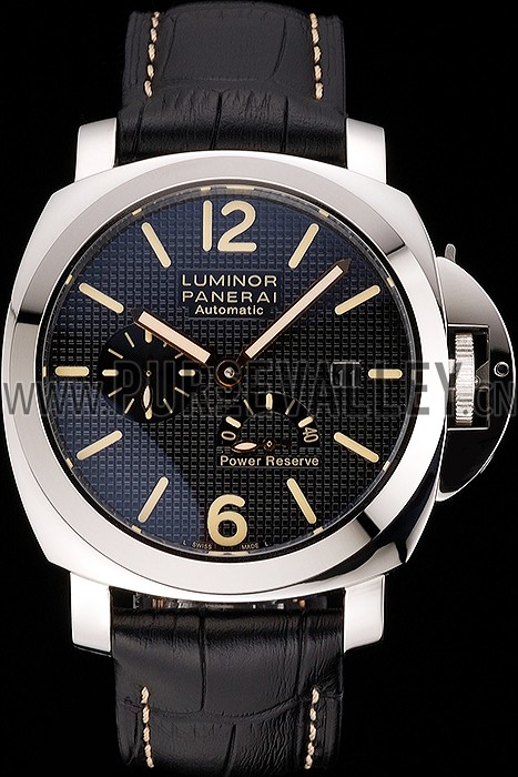 Panerai Luminor Automatic Power Reserve Black Embossed Dial Stainless Steel Case Black Leather Strap
