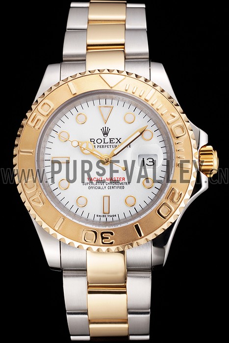 Swiss Rolex Yacht-Master White Dial Gold Bezel Stainless Steel Case Two Tone Bracelet