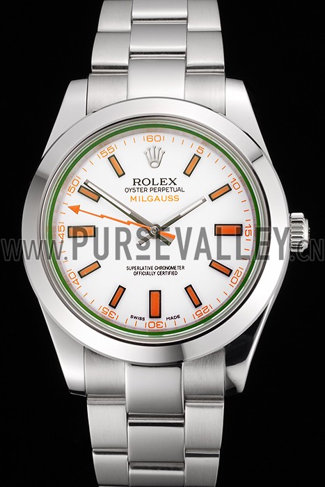 Swiss Rolex Milgauss White Dial Orange Markings Stainless Steel Case And Bracelet