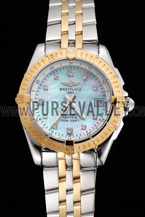 Breitling Colt Lady Light Blue Dial Diamond Hour Marks Gold Bezel Stainless Steel Case Two Tone Bracelet