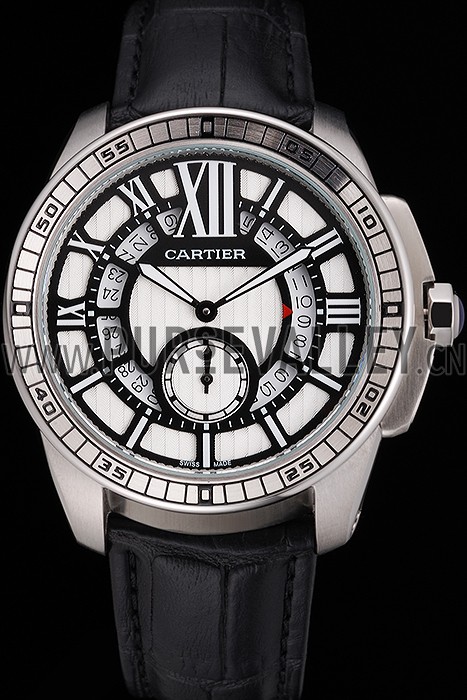 Cartier Calibre De Cartier Small Seconds Black And White Dial Stainless Steel Case Black Leather Strap