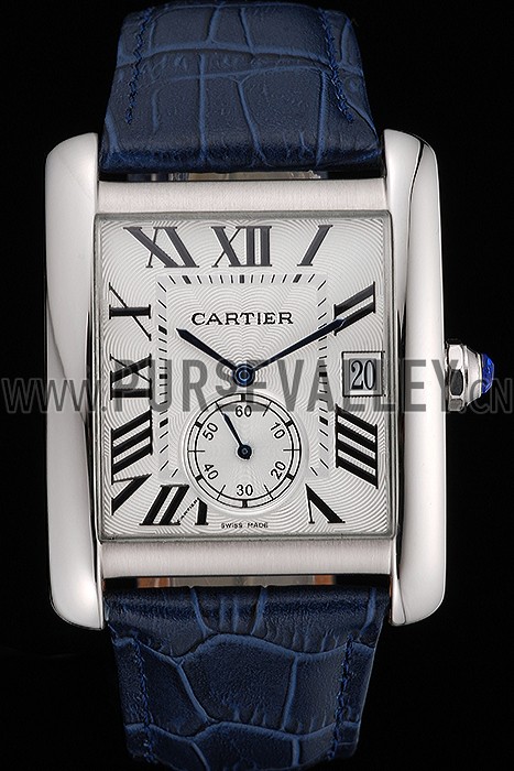 Cartier Tank MC White Dial Stainless Steel Case Blue Leather Strap 622575