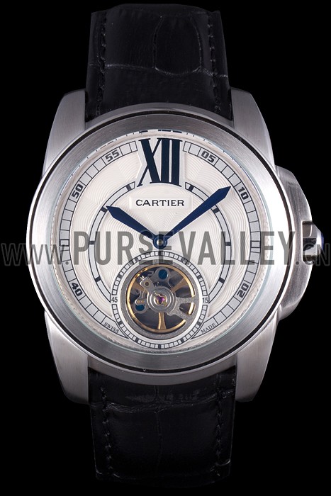 Cartier Calibre Flying Tourbillon White Dial Stainless Steel Case Black Leather Bracelet