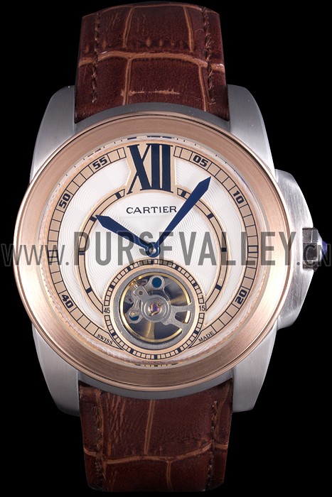 Cartier Calibre Flying Tourbillon White Dial Two Tone Case Brown Leather Bracelet
