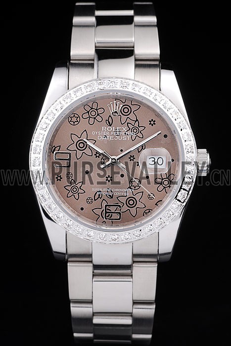 Rolex Datejust Polished Stainless Steel Brown Flowers Dial Diamond Plated