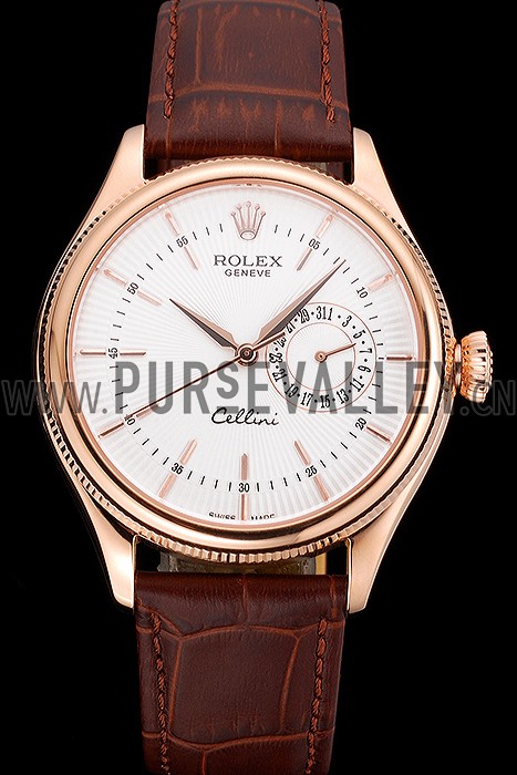 Rolex Cellini White Rose Dial Gold Case Brown Leather Bracelet 622725