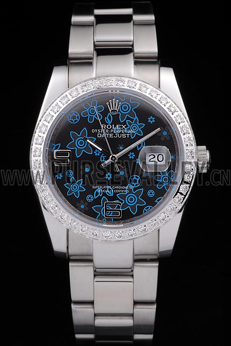 Rolex Datejust Polished Stainless Steel Dark Blue Flowers Dial Diamond Plated