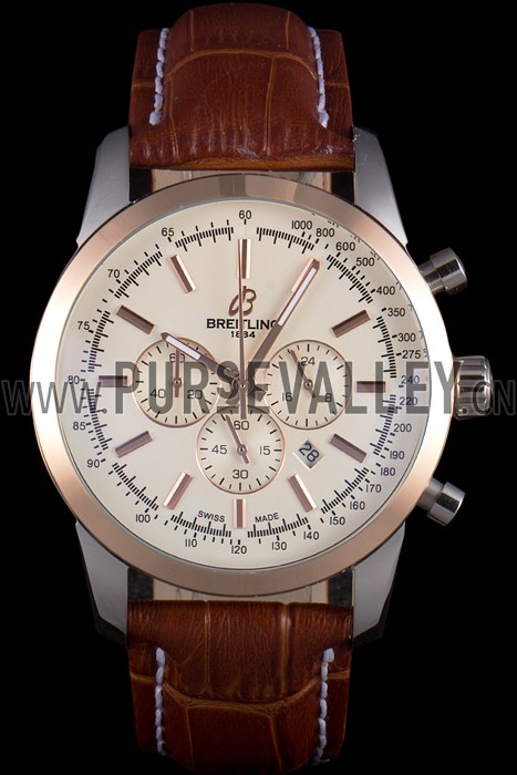 Breitling Transocean White Dial Light Brown Leather Strap Rose Gold Bezel