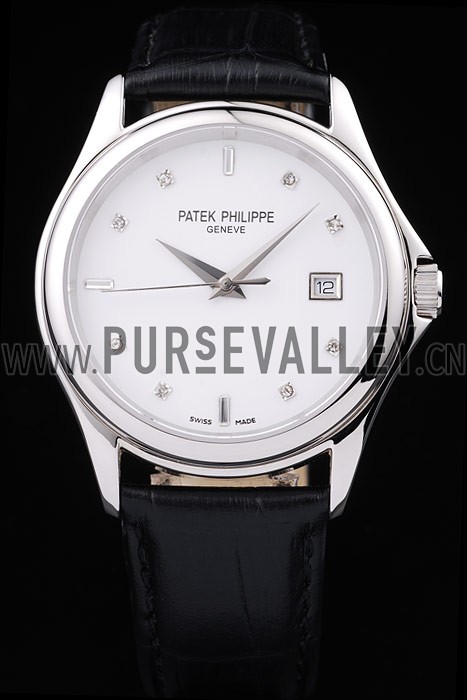 Patek Philippe Geneve Calatrava Crystal Studded Hour Marker White Dial Black Leather Strap