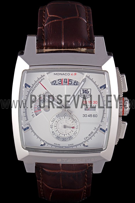 Tag Heuer Monaco Brushed Stainless Steel Case White Dial Brown Leather Strap 98173