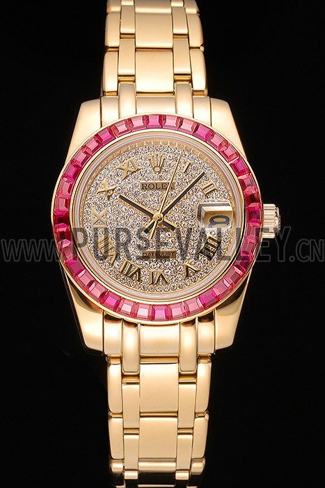 Rolex Datejust Diamond Dial Pink Jewels Bezel Gold Case And Bracelet 622835