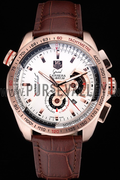 Tag Heuer Carrera Rose Gold Case White Dial Brown Leather Strap 98244