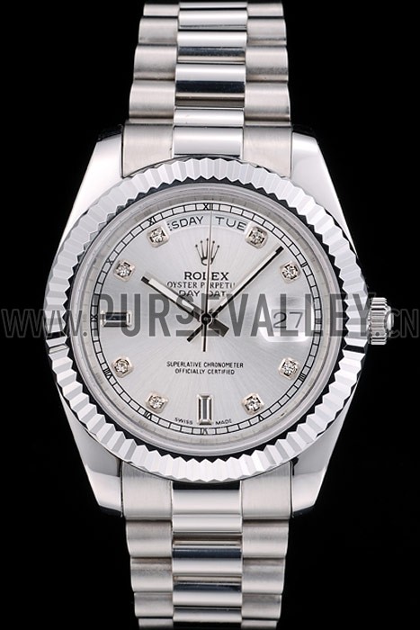 Rolex DayDate Stainless Steel Ribbed Bezel Silver Dial 41976