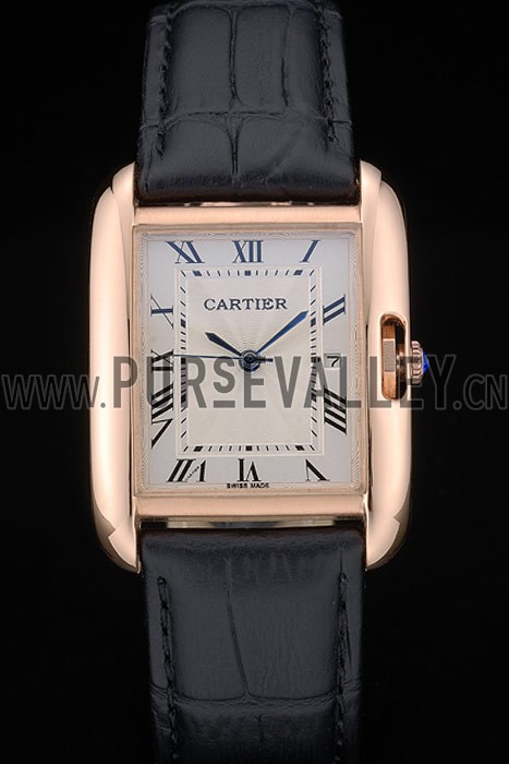 Cartier Tank Anglaise 30mm White Dial Gold Case Black Leather Bracelet