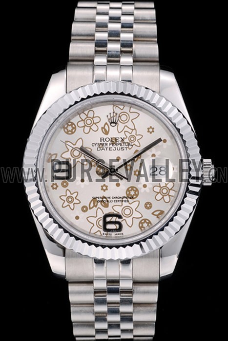 Rolex DateJust Stainless Steel Ribbed Bezel Flower Silver Dial 41983