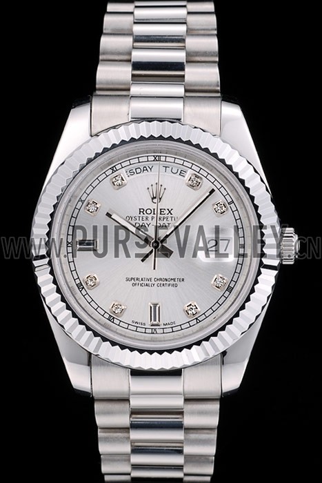 Rolex Swiss DayDate Stainless Steel Ribbed Bezel Silver Dial 41995