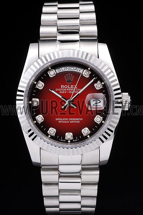 Rolex Day-Date Polished Stainless Steel Two Tone Red Dial