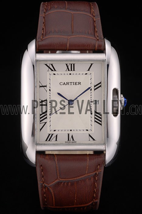 Cartier Tank Anglaise 36mm White Dial Stainless Steel Case Brown Leather Bracelet
