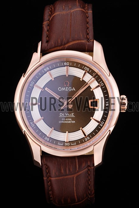 Omega Swiss DeVille Rose Gold Bezel Brown Leather Strap 7614