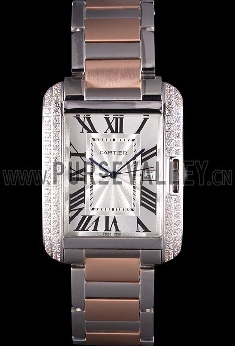 Cartier Tank Anglaise 36mm Silver Dial Diamonds Steel Case Two Tone Bracelet
