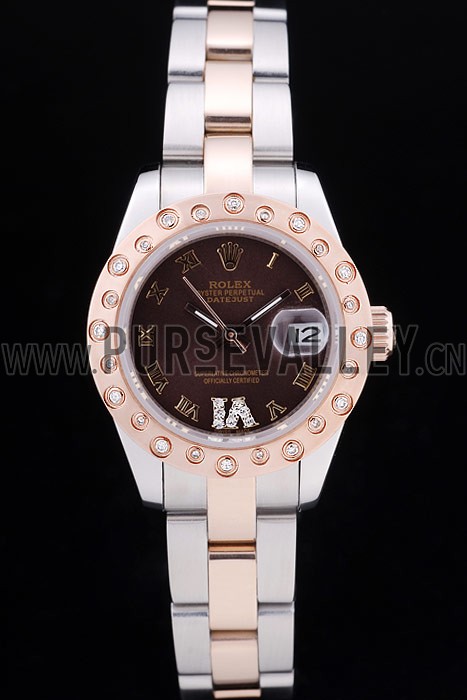 Rolex Datejust Diamonds Rose Gold Polished Bezel Brown Dial 7475