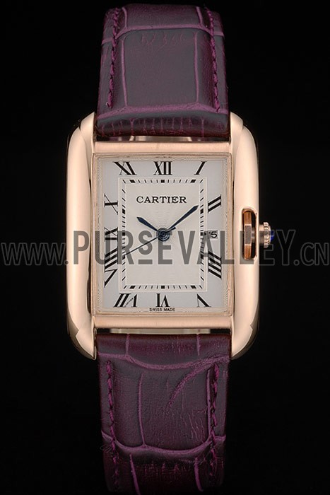 Cartier Tank Anglaise 30mm White Dial Gold Case Purple Leather Bracelet