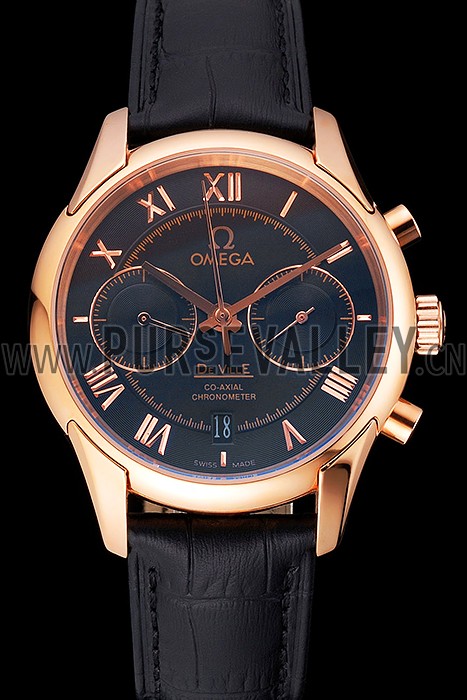 Omega DeVille Rose Gold Bezel with Black Dial and Black Leather Strap 621569