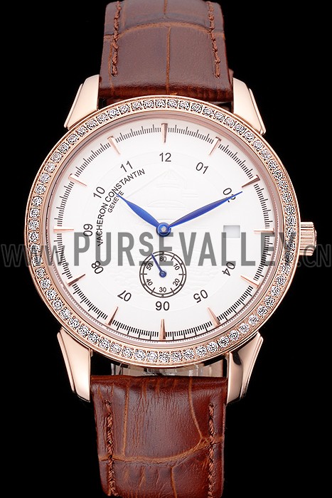 Vacheron Constantin Traditionnelle White Ship Dial Rose Gold Case With Diamonds Brown Leather Strap