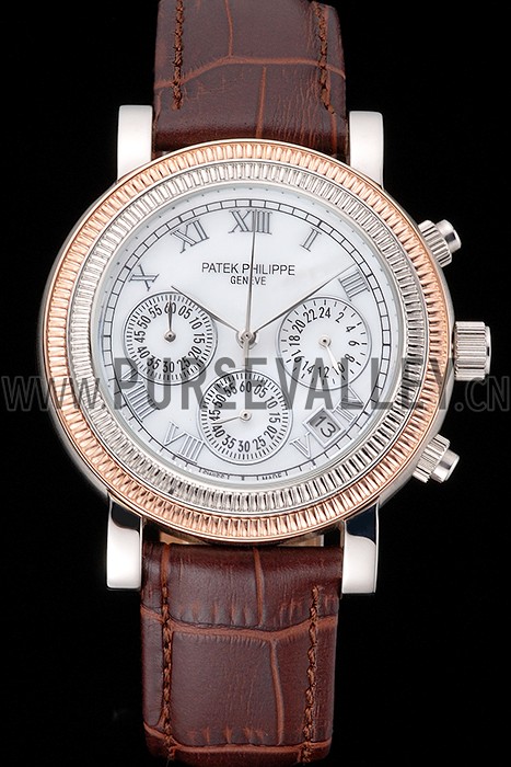 Patek Phillipe Grand Complications Hobnail Bezel Roman Numerals Brown Leather Strap