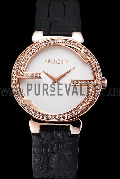Gucci Interlocking Rose Gold Bezel with Diamonds and Black Leather Band 621514