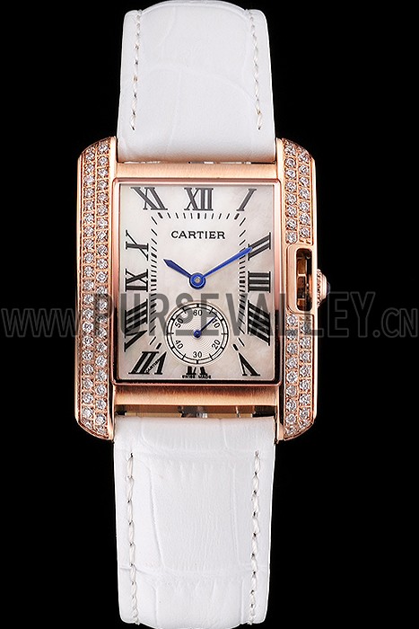 Cartier Tank MC Gold Diamond Case White Dial White Leather Strap 622169