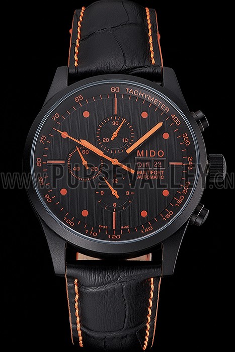 Mido Multifort Cronograph All Black & Orange Dial Black Leather Strap 622181