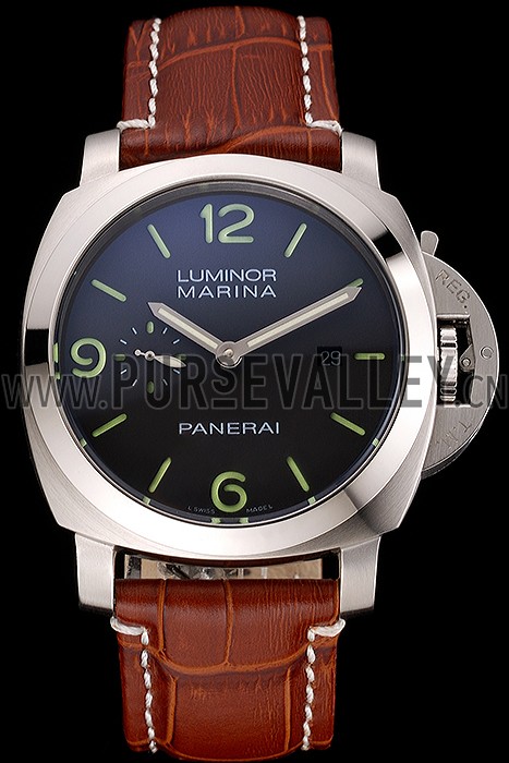 Panerai Luminor Marina 1950 Black Dial Brushed Steel Case Light Brown Leather Strap