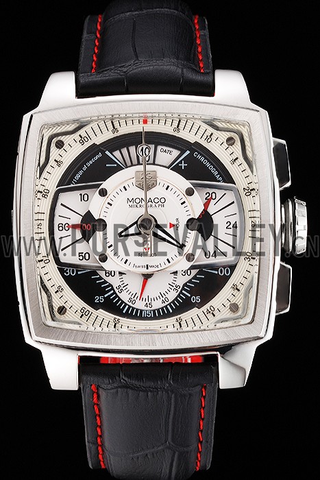 Tag Heuer Monaco Black Perforated Leather Strap White Dial 80306