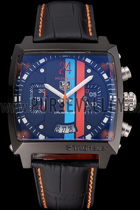 Tag Heuer Monaco Calibre 36 Blue And Orange Stripes Dial Black Leather Strap 622302