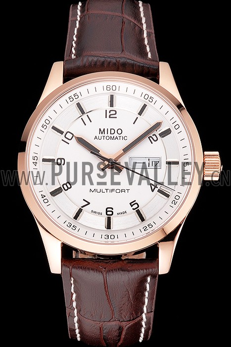 Mido Multifort Brown Croco Leather Strap White-Silver Dial 80300