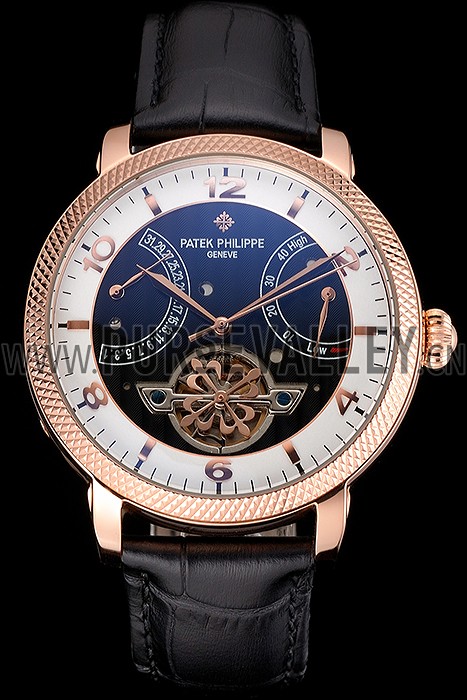 Patek Philippe Classic Tourbillon Power Reserve Black And White Dial Rose Gold Case Black Leather Strap