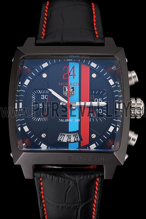 Tag Heuer Monaco Calibre 36 Blue And Red Dial Stripes Dial Black Leather Strap 622272