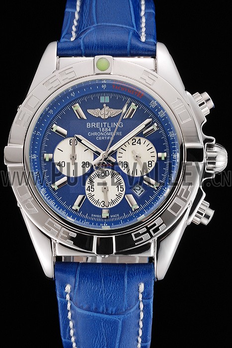 Breitling Chronomat Patrouille De France Blue Dial Stainless Steel Case Blue Leather Strap