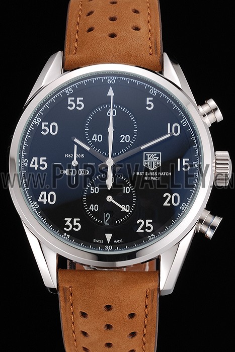 Tag Heuer Carrera SpaceX Silver Bezel with Black Dial and Light Brown Leather Strap tag265 621536