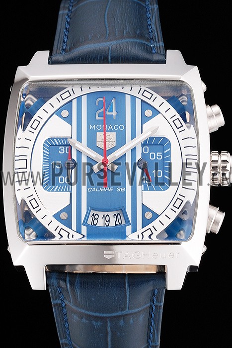 Tag Heuer Monaco 24 Calibre 36 Chronograph Blue And Grey Stripes Dial Blue Leather Strap 622273
