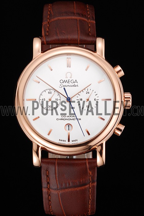 Omega Seamaster Vintage Chronograph White Dial Rose Gold Case Brown Leather Strap